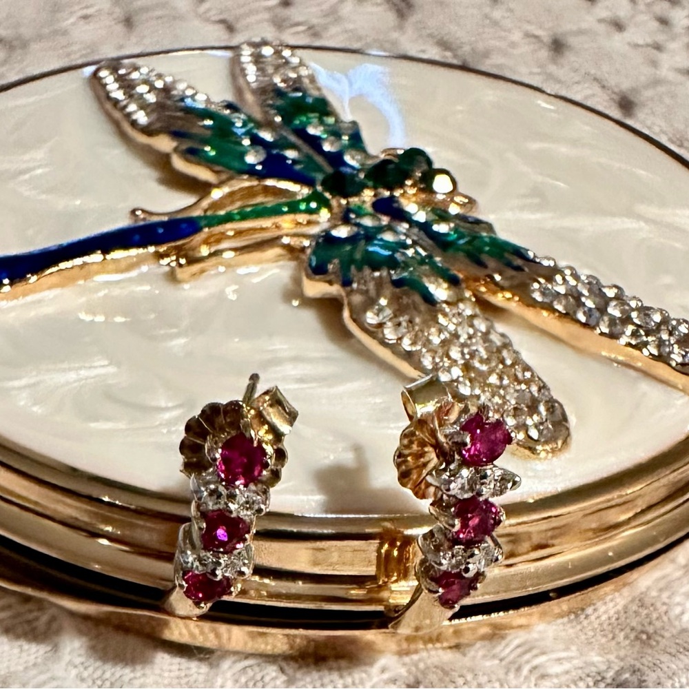 Vintage Solid 14k Ruby & Diamond Earrings 2.15 Gr. - image 3